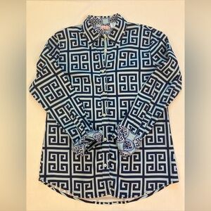 Tizzie Long Sleeve Button Down Geometric Blue Top Women's XL Contrast Trim